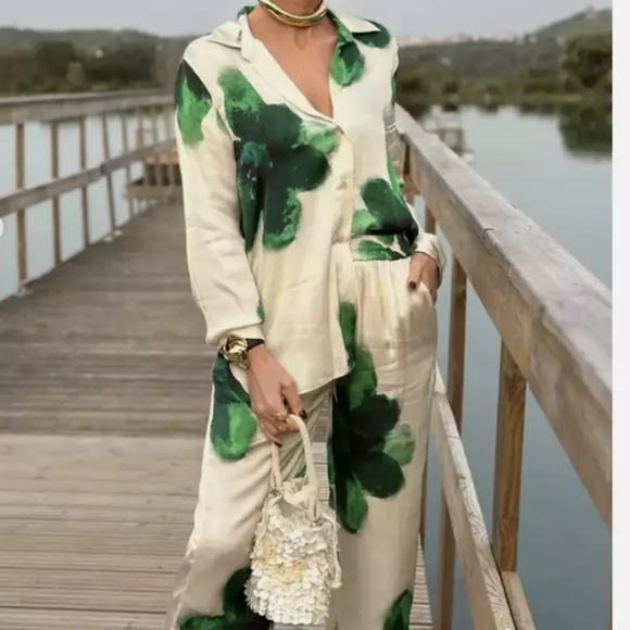 ZARA Co-ord Set Flowy Shirt & pajama Pants ZW Collection Floral Ecru/green Sz XL - Picture 12 of 12